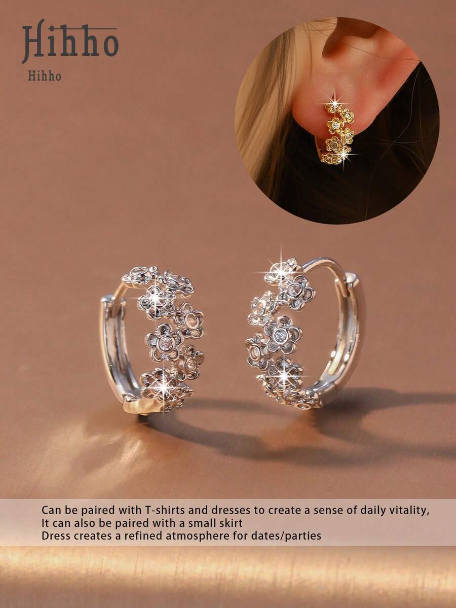 Hihho 1 Pair Encrusted Floral Zirconia Hoop Earrings, Gold & Silver Plated Luxury Niche Delicate Earrings, Suitable For All Skin Tones, Can Be Paired With T-Shirts, Dresses For Everyday Chic, Or Dresses/Formal Wear For Dates/Parties, A Versatile Accessory For All Seasons - Blooming Flowers - View 1