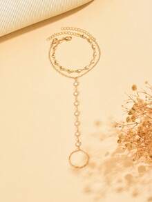 2pcs/Set Gold Minimalist Transparent Crystal Handmade Chain Linked Finger Ring Bracelet, Alloy Heart Bracelet, Fashionable Jewelry For Women, Suitable For Daily Wear And Party, Can Be Given As Mother's Day Gift - Multicolor - View 2