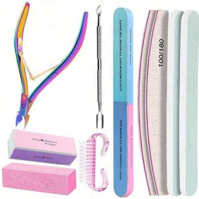 Paquete práctico de 10 piezas Kit de manicura con limas de uñas profesionales de 100/180 granos, bloque de esponja, cepillo, tijeras de uñas y cortaúñas con empujadores para mujeres