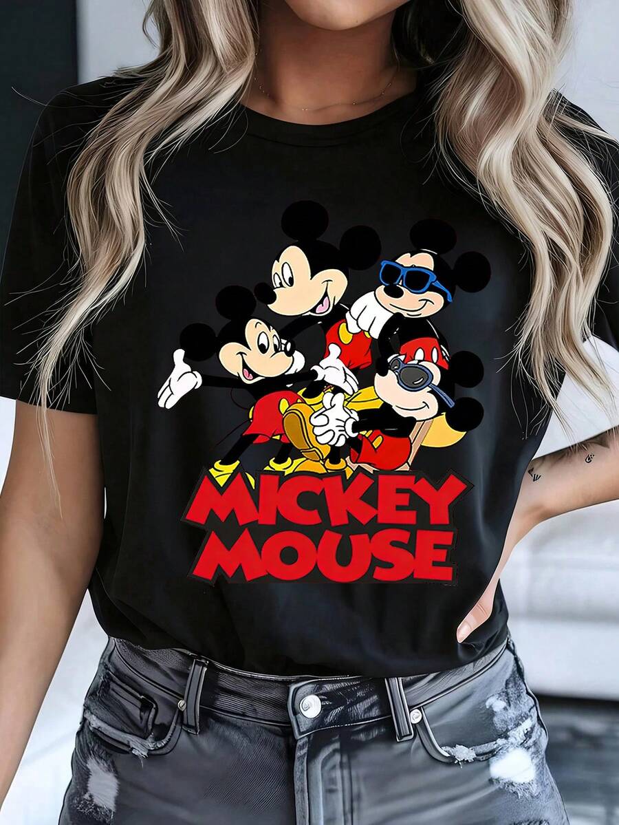 Disney Women's Casual Mickey Mouse Graphic Black Cotton Short Sleeve Round Neck T-Shirt , Men's Sizes Suitable For The Whole Family - màu đen - Xem 1