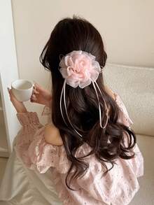 1 pieza Elegante Scrunchie de pelo con flor 3D rosa de moda para mujer, Lazo de flor de malla sofisticado y dulce para niña, Accesorio de pelo elástico con moño para coletero - Multicolor - Ver 9