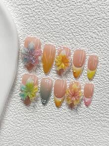 10片装彩色夏季风亚克力美甲套装，手工制作的五瓣渐变花朵（蓝、绿、粉、橙、黄、紫），手绘纯色水波纹，白色圆点美甲贴片，包含美甲工具（1片果冻贴+1个指甲锉），三种尺寸可选：杏仁形、鸭嘴形、棺材形，适合春夏日常、派对、拍照、通勤等场合。 - 彩色 - 查看 15