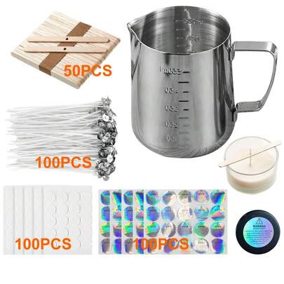 Candle Making Kit Supplies, DIY Candles Craft Tools,1pc Candle Make Pouring Pot,100pcs Candle Wicks, 100pcs Candle Wicks Sticker And 50pcs 1-Hole Candle Wicks Holder 100 Candle Warning Stickers