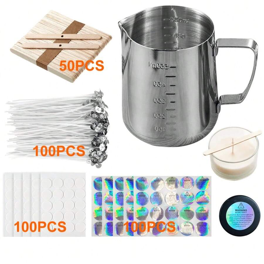 Candle Making Kit Supplies, DIY Candles Craft Tools,1pc Candle Make Pouring Pot,100pcs Candle Wicks, 100pcs Candle Wicks Sticker And 50pcs 1-Hole Candle Wicks Holder 100 Candle Warning Stickers - 600ml Set - View 1