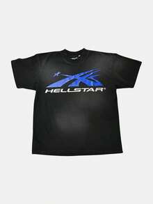 Plus Size Hellstars Blue X Logo Vintage Graphic T-Shirt,220g 100% Cotton,Round Neck Short Sleeve,Black Streetwear Essential For Summer Going Out,Unisex Style - Black - View 1