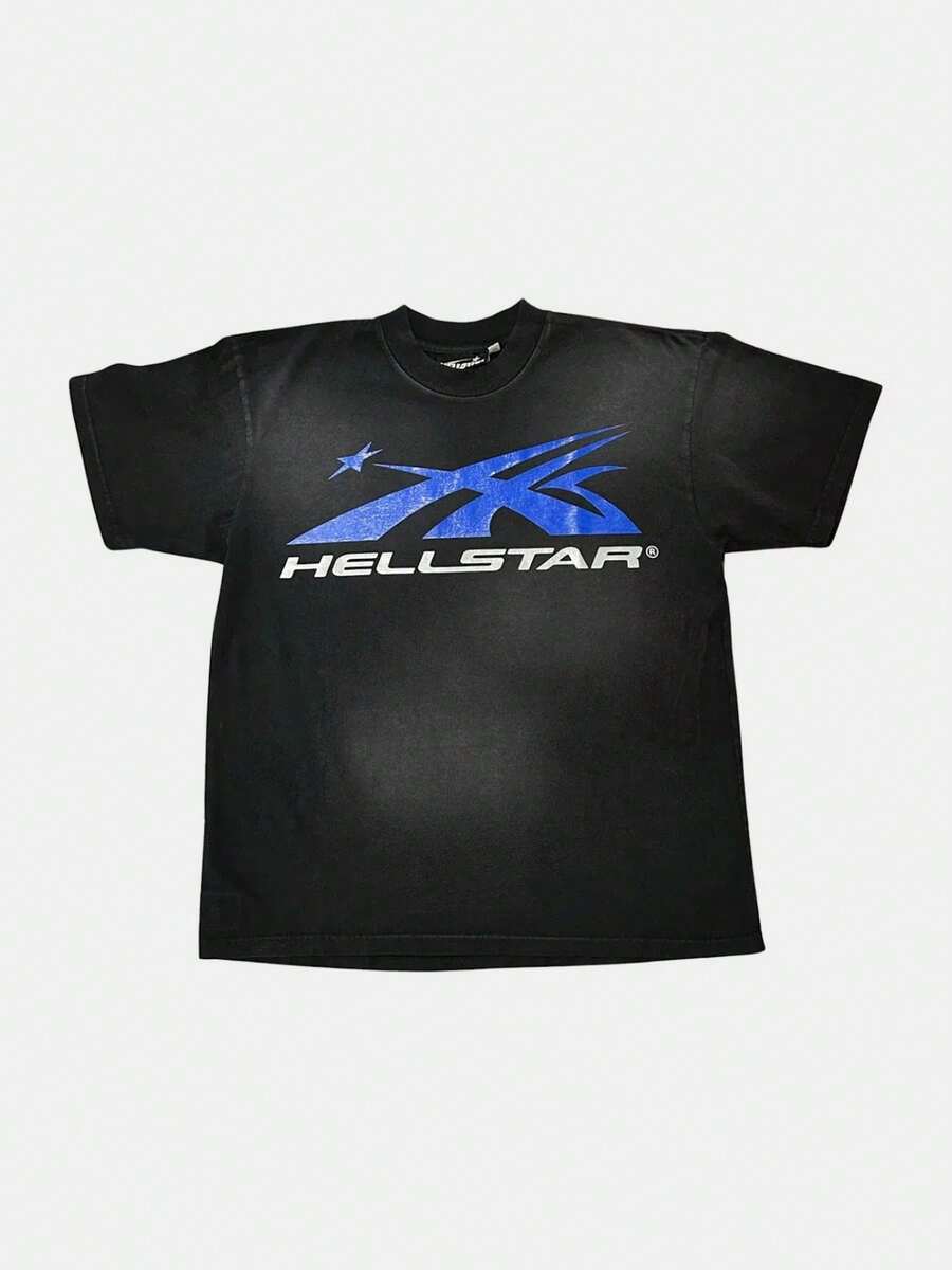 Plus Size Hellstars Blue X Logo Vintage Graphic T-Shirt,220g 100% Cotton,Round Neck Short Sleeve,Black Streetwear Essential For Summer Going Out,Unisex Style - Black - View 1