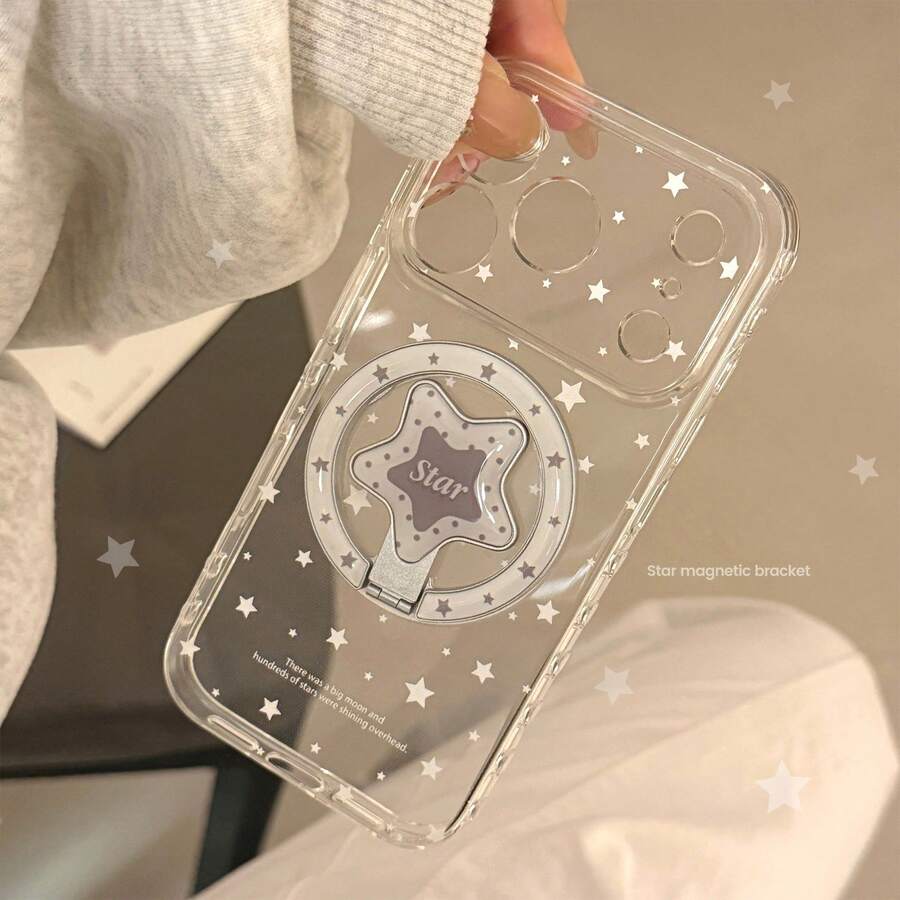 GUCADI Transparent Magnetic White Star + Gray-White Star Magnetic Stand Suitable For IPhone 17 Phone Case, 17 Pro Max Magnetic Stand, 15 Transparent Personalized Soft Case, Creative, Geometric, Minimalist Style, Niche, Ins Style