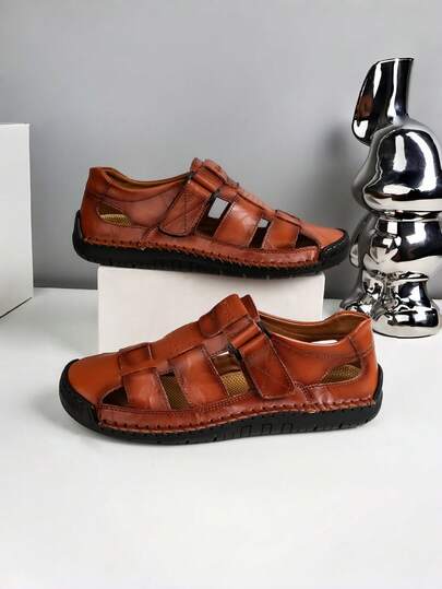 Herrsandaler i retrobrun konstläder - Halkfri gummisula, handgjorda och bekväma, lämpliga för utomhusvandring, vandring, strandkläder, vår/sommar/höst