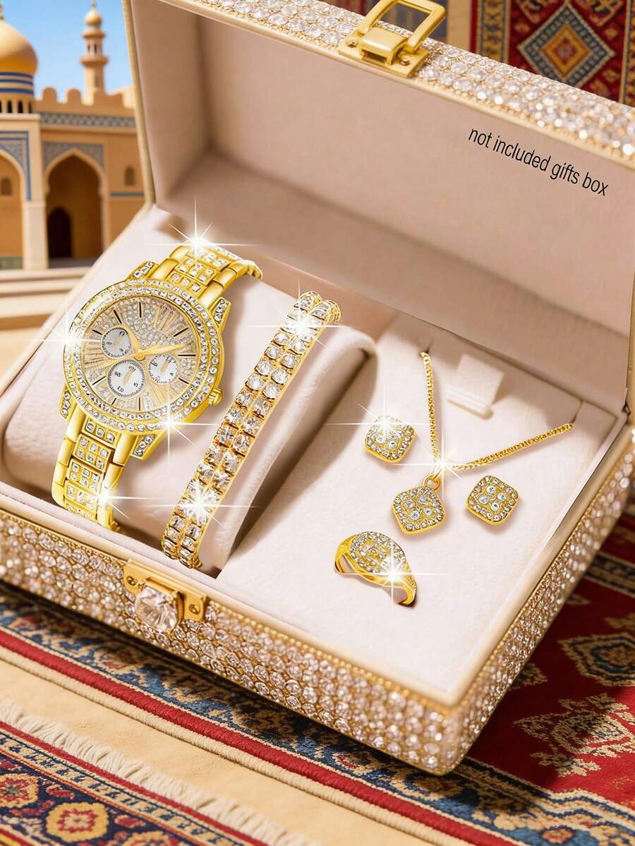 母亲节礼物，女士手表套装，1套，优雅休闲风格，时尚精致，石英表套装，表盘精美，包含吊坠项链、耳环、戒指和手链，适合日常佩戴、生日礼物、返校季礼物、感恩节礼物和浪漫场合礼物，完美之选（不含礼盒）