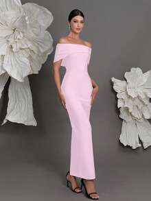 Off-Shoulder Knit Bandage Bodycon Dress, European And American Luxury Slim Fit Pencil Skirt, Suitable For Family Gatherings, Parties, And Evening Galas - Pink - View 4