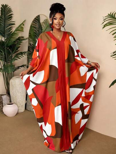 BIUBIU Plus Size Elegant Abstract Print Kaftan Dress, Spring Vacation Outfit With Batwing Sleeves, Women V-Neck Front Slit Design