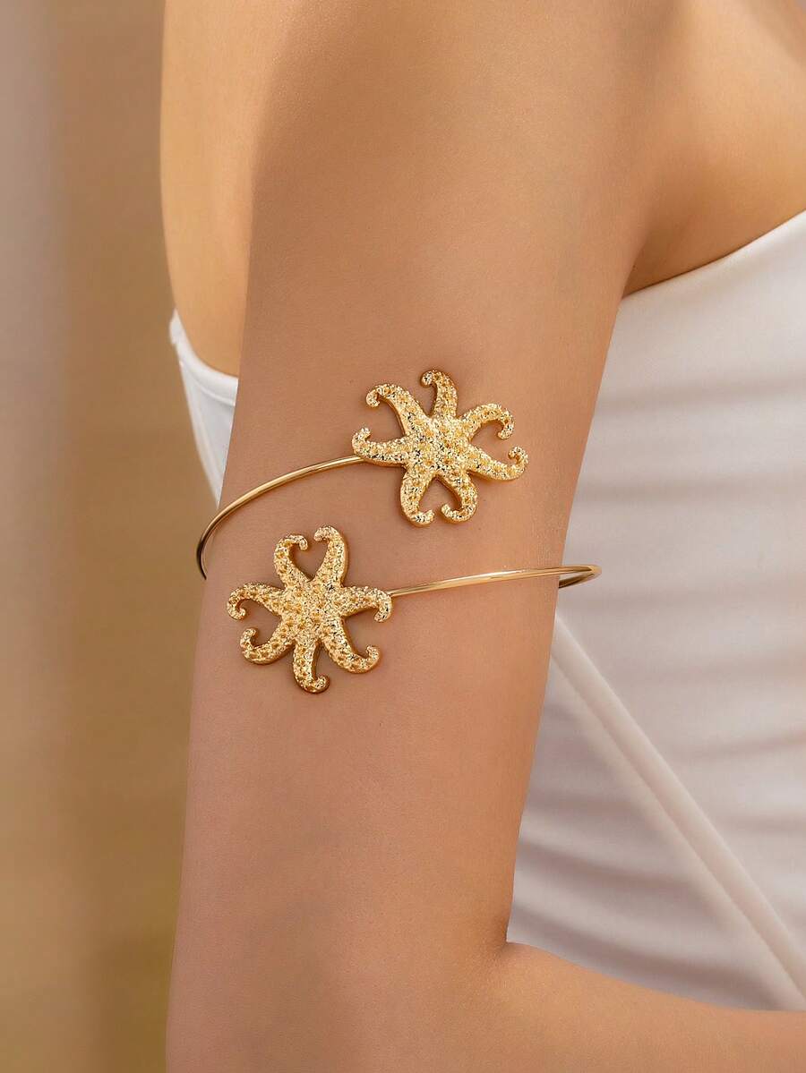 1pc Fashionable Unique Design Ocean-Themed Zinc Alloy Seven-Prong Starfish Bracelet, Essential For Casual, Vacation, And Beach Activities - Golden - View 1