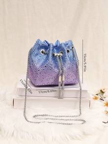 Elegant Ombre Rhinestone Bucket Bag, A Birthday Gift For Ladies, Glitter Bag/Glitter Bag With Highly Attractive, Shiny Banquet Bag, Fashion High-End Crystal Bag With Tassel Chain Shoulder Handbag, Party Bag, Interesting Valentine's Day Gift - 薰衣草色 - 查看 3