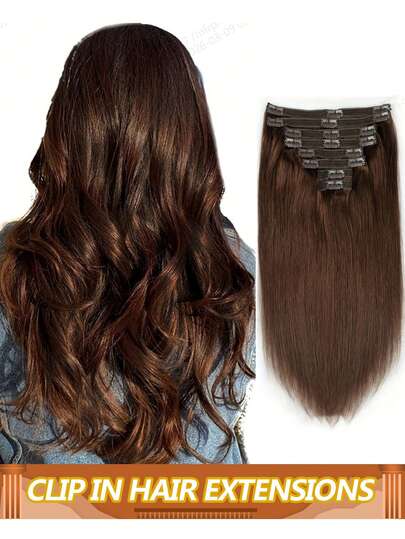 Tóc nối thẳng, kẹp cài, tóc thật, 8 miếng/bộ kèm 18 kẹp, màu nâu, thích hợp cho nữ sử dụng hàng ngày #4