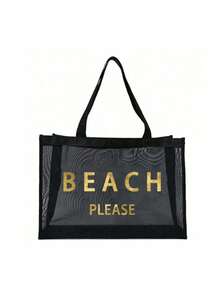 大容量网眼沙滩包套装，“BEACH PLESE”图案网眼袋，金色亮片字母，化妆包，镂空网眼沙滩手提包，网眼化妆收纳袋，可折叠大容量游泳包，字母装饰网眼沙滩手提包 - 彩色 - 查看 14