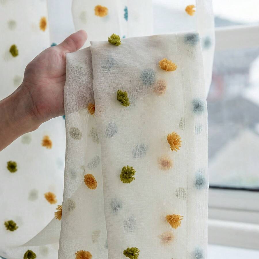 1 Stück weiße, im Ins-Stil halb-transparente, flauschige Marshmallow-Kugel mit Punktmuster, süß, bonbonfarben, cartoon-artig, schiere Gardine, transluzent aber nicht durchsichtig, geeignet für Wohnzimmer, Schlafzimmer, Balkon, Fenster, ohne Gardinenstange und -schiene, ganzjährige Heimdekoration - Weiss - Übersicht 1