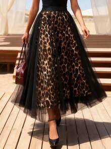 Plus Size Women's Leopard Print Casual Versatile Daily Outing Contrast Mesh Fashion Skirt Vacation - Multicolor - View 1