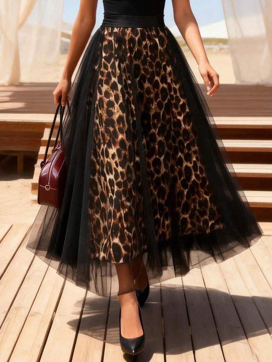 Plus Size Women's Leopard Print Casual Versatile Daily Outing Contrast Mesh Fashion Skirt Vacation - Multicolor - View 1
