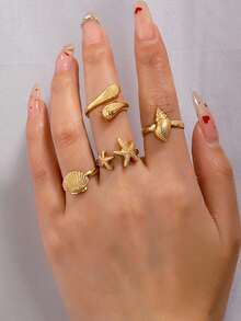 4pcs Minimalist Gold-Tone Beach Vacation Theme Starfish, Shell, Seashell, Water Drop Shaped Thick Solid Metal Rings Set, Suitable For Women, Chunky Smooth Matte Finish Alloy Material Ring Set - Yellow Gold - View 6