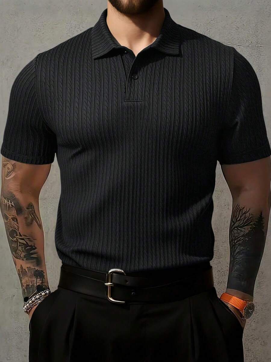 男士复古硬币图案纹理纯色短袖 Polo 衫 - 黑色 - 查看 1