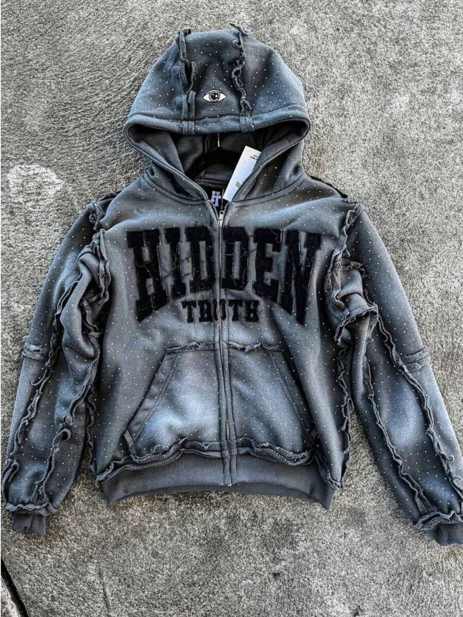 Men's & Women's High Street Retro Hooded Zipper Sweatshirt, Loose Casual Cardigan Jacket Top - 灰色 - 查看 1