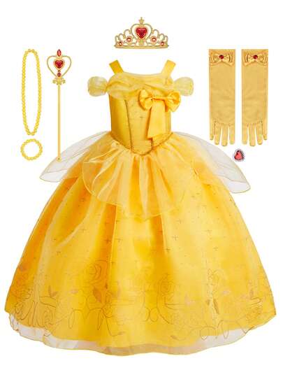 8 件套女童套装黄色细肩带蝴蝶结花卉芭蕾舞裙配饰，儿童角色扮演服装，适合节日派对、圣诞节