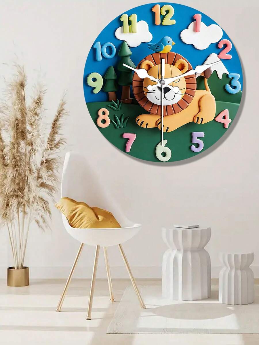 [Reloj de pared con tema animal] Reloj de pared de madera con tema animal, silencioso y educativo | Diseño digital colorido, decoración divertida para el hogar y doble propósito para enseñar la hora - 1PC - Ver 1