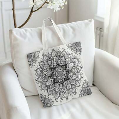 1个奢华曼陀罗帆布手提袋，适合艺术爱好者 - 帆布材质 - 日常购物袋，大容量长方形设计，海滩旅行的完美礼物