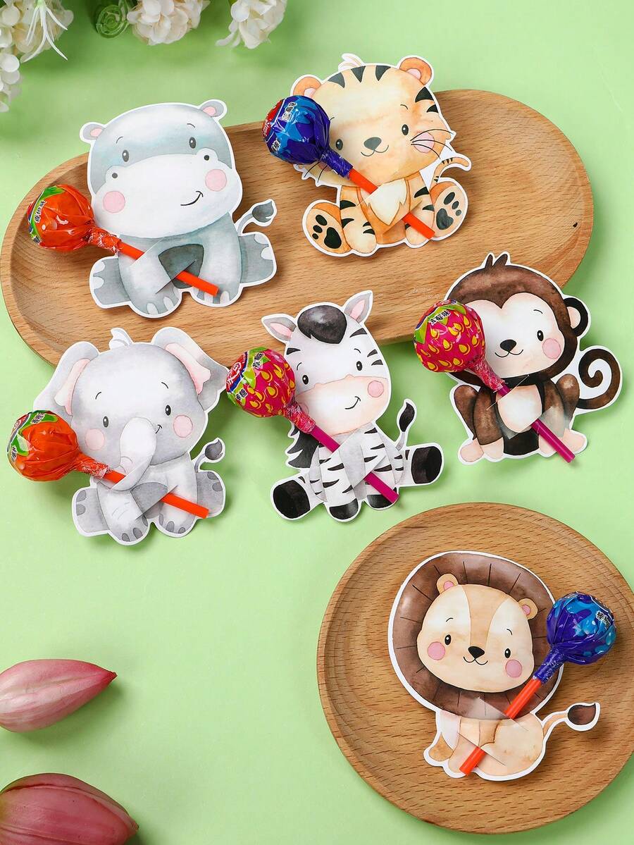 48张丛林动物棒棒糖装饰卡片，丛林动物图案棒棒糖卡片，丛林动物主题生日派对用品，婴儿派对装饰，新娘送礼会包装用品，生日装饰，丛林动物装饰，生日礼物，派对小礼品，生日礼品袋填充物，生日卡片