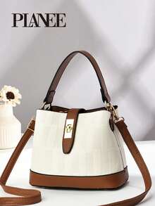 PLANEE 女士双色手提包，配金色锁扣 – 斜挎包/手提包，纹理仿皮单肩包，适合日常使用 - 彩色 - 查看 8