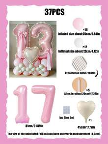 37件套粉色数字柱形气球套装，包含32英寸（81.28厘米）粉色数字铝箔气球、马卡龙粉色和白色乳胶气球，适用于周年纪念、生日装饰、新娘、婚礼装饰、毕业典礼装饰、节日装饰、派对用品 - 粉紅色數字白色球套裝 - 查看 20