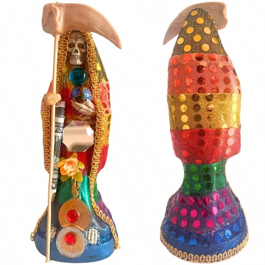 Santa Muerte 7 Potencias 20 cm Vestida + Biblia Santa Muerte, Protección, Poder y Abundancia Espiritual - Multicolor - Ver 1