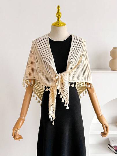 1pc Minimalist Elegant Hollow Triangle Shawl, Women's Fashion Versatile Knitted Scarf Wrap With Tassel Decor, Suitable For Spring/Autumn Daily Wear