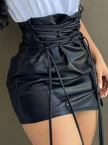 High-Waisted Drawstring Leather Skirt 2026 New Spring/Summer Women's Fashion Casual Solid Color Tie-Detail Design Zipper Style Slightly Stretch Bodycon Skirt Half-Length Skirt Short Skirt - 黑色 - 查看 3