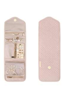 1个女士旅行首饰收纳盒，可折叠小巧首饰卷，适用于旅行收纳戒指、项链、耳环、手镯，迷你款，柔粉色（不含首饰） - 粉色 - 查看 1