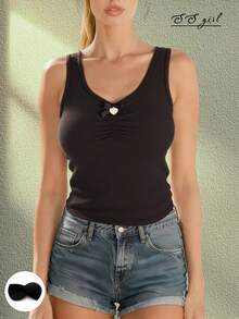 Áo hai dây dệt kim không tay màu đen dành cho nữ, áo lót có đệm co giãn, áo croptop thiết kế gợi cảm. - màu đen - Xem 2