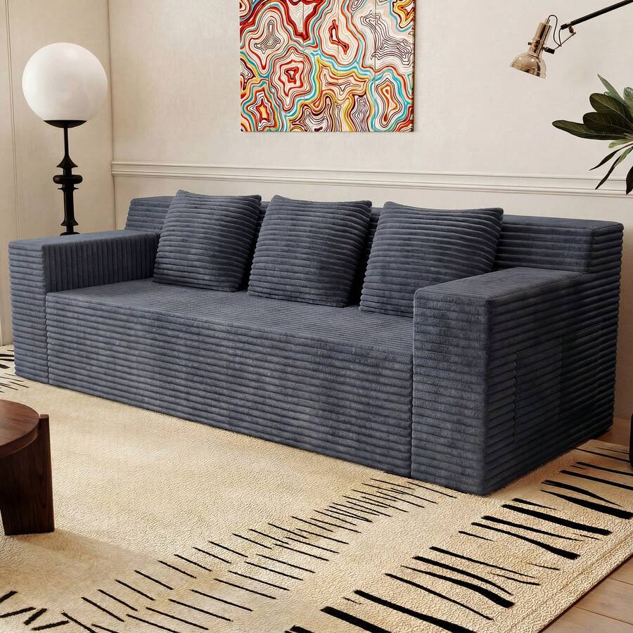 71" Love Seat Couches, Corduroy Boneless Loveseat With Deep Seats, 2 Seat Couch Apartment Size Couch With 3 Pillows&Side Pockets For Bedroom, Office, No Assembly Required - 深灰色 - 查看 1