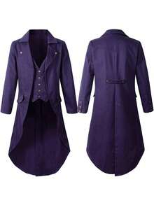 New Halloween Costume For Men, Gothic Style, Black Coat, Victorian Era Steampunk Costume, Men's Cosplay Outfit - 蒸氣燕尾服-紫色 - 查看 1