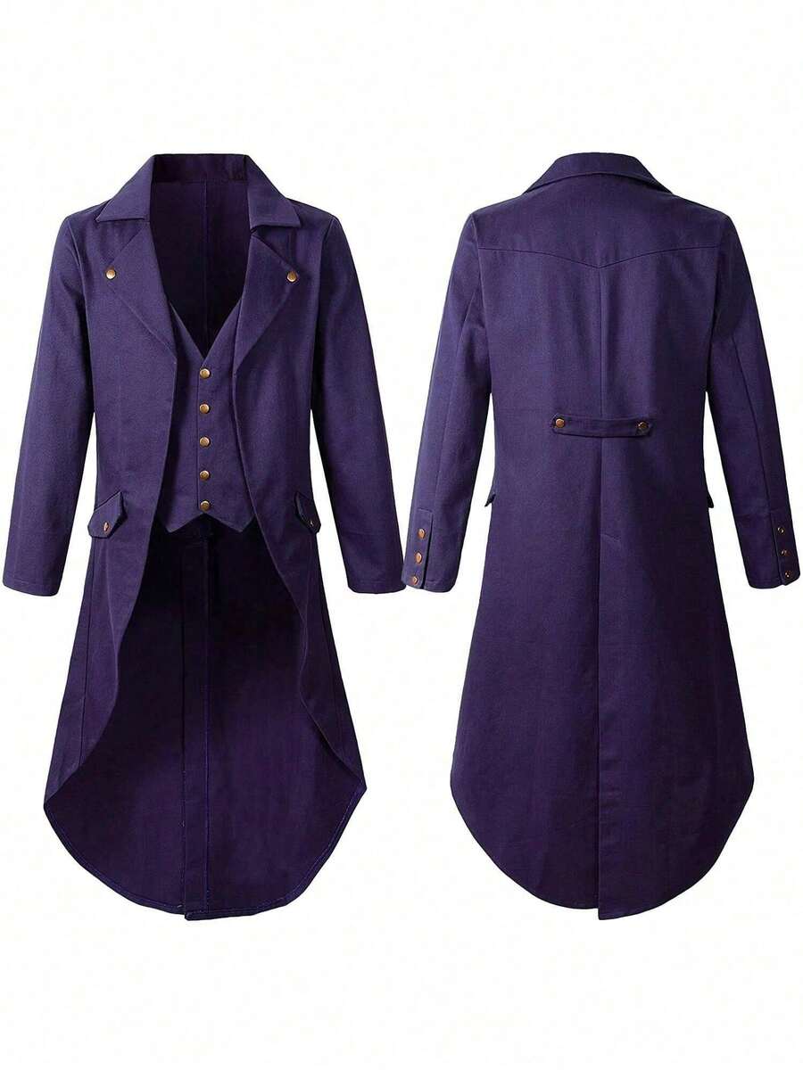 New Halloween Costume For Men, Gothic Style, Black Coat, Victorian Era Steampunk Costume, Men's Cosplay Outfit - 蒸氣燕尾服-紫色 - 查看 1