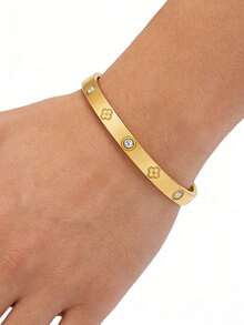 1pc Fashionable Luxury Stainless Steel Rhinestone Bracelet, Suitable For Daily Wear - Gold-3 - View 9