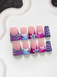 10件套紫色系亚克力美甲套装，包含亚克力美甲贴片、纯色水波纹、五瓣蓝、紫、绿松石色花朵、紫色花卉图案、紫蓝指甲油、浪漫法式美甲，以及美甲工具（1个果冻贴片+1个指甲锉）。三种尺寸：杏仁形、鸭嘴形、棺材形。 - 彩色 - 查看 14