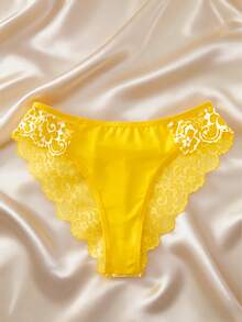 两件套撞色花卉蕾丝睡衣套装，V领半透明蝴蝶结睡裙和内裤，优雅女士睡衣 - 黃色 - 查看 7