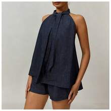 Bộ đồ thời trang mùa xuân/hè dáng nhỏ nhắn, chất liệu denim cotton mềm mại, thoáng khí, kiểu Pháp, gồm áo không cổ, quần ống rộng và quần short. - Rửa tối - View 2