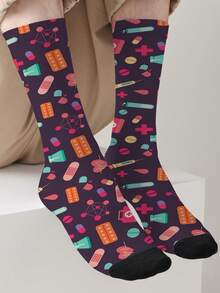 1-Pack 360-Print Nurses' Day Themed Socks – All-Season Unisex Novelty Socks, Fashionable Streetwear Style Crew Socks - Multicolor - View 6