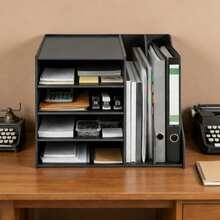 RibasuBB 6-Tier Desk File Organizer With 4 Horizontal Trays & 2 Vertical Sorters, Modern PVC Document Rack For Office, Home, Black - Black - View 2