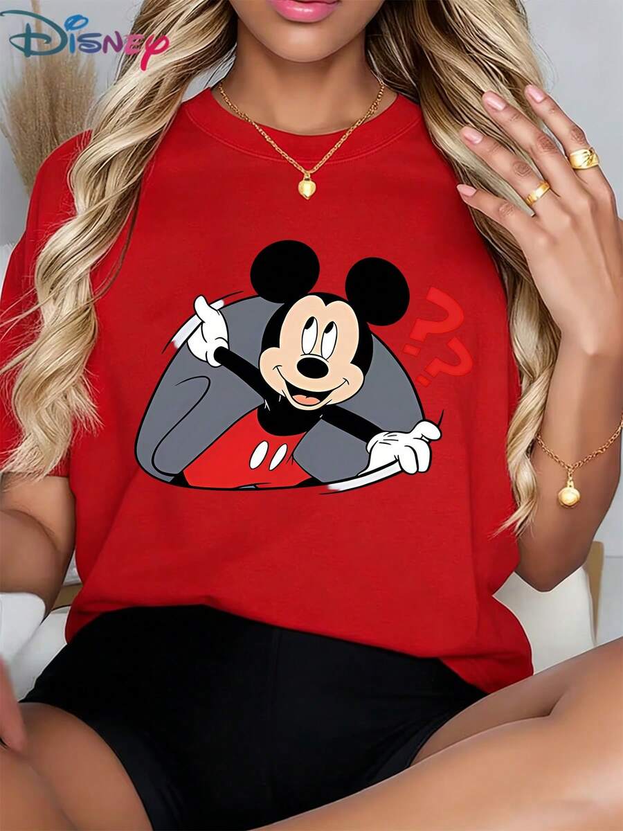Casual Women's Disney Graphic T-Shirt, Featuring Mickey Mouse Peekaboo Mischief Design (Red Fun Print) - Versatile For Hangouts, Disney Trips & Photo Ops, Popular Women's Cartoon TeeMade From Soft, Comfortable, And Durable Pure Cotton, This Is An Ideal Choice For Spring And Summer. This Crew Neck T-Shirt Is Suitable For Various Occasions, Including Everyday Wear, Shopping, Parties, Travel, And Gatherings, And Also Makes A Thoughtful Gift. - 紅色 - 查看 1
