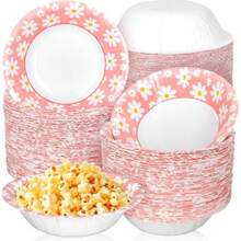 100 cuencos de papel de margaritas color rosa y blanco cuencos desechables para servir de helado floral para primavera boda cumpleaños fiesta de comida - Rosa - Ver 8