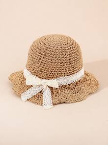 1 pieza Sombrero de paja tejido a mano con cordón para protección solar para niña bebé de 1-2 años, primavera/verano - Arco - Caqui - Ver 3