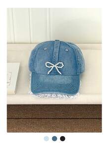 Bow Tie Baseball Cap, New Spring/Summer Bucket Hat, Pink Cute Visor Hat, Beret, Spring New Lace Trim Denim Baseball Cap, Sweet Cute 3D Faux Pearl Bow Tie Visor Hat, Summer Outfit,Beach,Vacation,Holiday,Travel - Multicolor - View 6