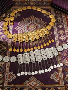 1pc Gold/Silver Coin Belt Set | Luxurious Rectangular Plate With Coin Tassel Chain, Glamorous Plated Non-Glossy Bridal And Festival Waist Chain - Choose Your Finish, Gold Or Silver Set Rectangular Plate Non-Glossy Coin Pendant - Silver - View 1